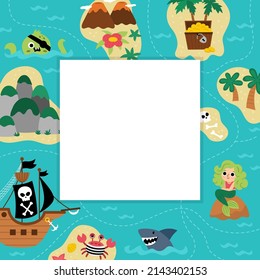 Pirate party greeting card template with cute marine landscape plan or map. Square poster with treasure island scene or invitation for kids. Bright sea holiday illustration with place for text
