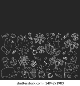 Pirate party. Illustrations for little children. Kids birthday celebration with treasure island, octopus, pirates