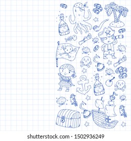 Pirate party. Illustrations for little children. Kids birthday celebration with treasure island, octopus, pirates