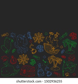 Pirate party. Illustrations for little children. Kids birthday celebration with treasure island, octopus, pirates