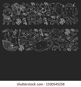 Pirate party. Illustrations for little children. Kids birthday celebration with treasure island, octopus, pirates