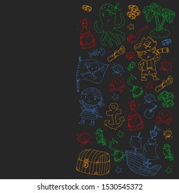 Pirate party. Illustrations for little children. Kids birthday celebration with treasure island, octopus, pirates
