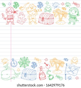 Pirate party. Illustrations for little children. Kids birthday celebration with treasure island, octopus, pirates