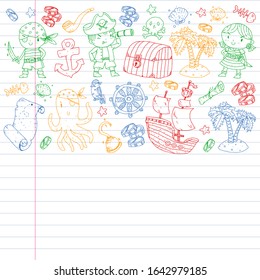 Pirate party. Illustrations for little children. Kids birthday celebration with treasure island, octopus, pirates