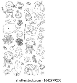 Pirate party. Illustrations for little children. Kids birthday celebration with treasure island, octopus, pirates