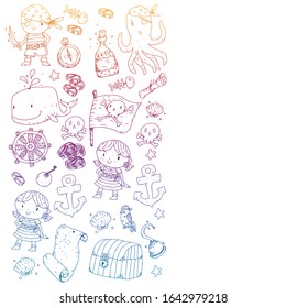 Pirate party. Illustrations for little children. Kids birthday celebration with treasure island, octopus, pirates