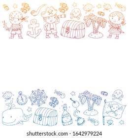 Pirate party. Illustrations for little children. Kids birthday celebration with treasure island, octopus, pirates