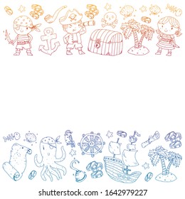 Pirate party. Illustrations for little children. Kids birthday celebration with treasure island, octopus, pirates