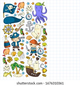 Pirate party. Illustrations for little children. Kids birthday celebration with treasure island, octopus, pirates