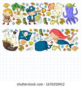 Pirate party. Illustrations for little children. Kids birthday celebration with treasure island, octopus, pirates