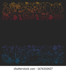 Pirate party. Illustrations for little children. Kids birthday celebration with treasure island, octopus, pirates