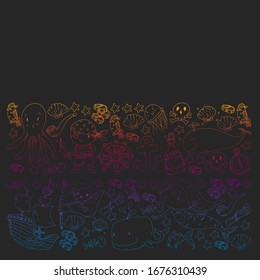 Pirate party. Illustrations for little children. Kids birthday celebration with treasure island, octopus, pirates