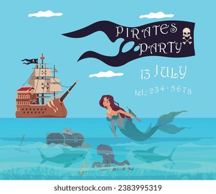 Pirate party invitation banner. Filibuster wooden ship. Sailing boat. Mermaid in sea waves. Treasure chest. Buccaneers adventure. Children holiday invite. Vector greeting card design svg