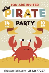 Pirate party invitation, birthday.A card for a children's party.Pirate ship, skull, crab, treasure chest. Cartoon Flat illustrations