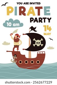 Pirate party invitation, birthday.A card for a children's party.Pirate ship, skull, crab, treasure chest. Cartoon Flat illustrations