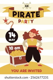 Pirate party invitation, birthday.A card for a children's party.Pirate ship, skull, crab, treasure chest. Cartoon Flat illustrations