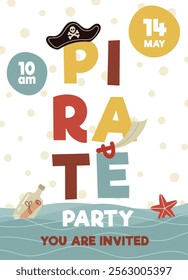 Pirate party invitation, birthday.A card for a children's party.Pirate ship, skull, crab, treasure chest. Cartoon Flat illustrations