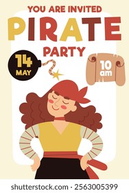 Pirate party invitation, birthday.A card for a children's party.Pirate ship, skull, crab, treasure chest. Cartoon Flat illustrations