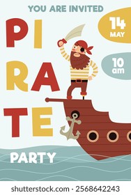 Pirate party invitation, birthday.A card for a children's party.Pirate ship, skull, crab, treasure chest. Cartoon Flat illustrations
