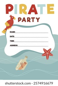 Pirate party invitation, birthday.A card for a children's party.Pirate ship, skull, crab, treasure chest. Cartoon Flat illustrations