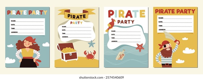 Pirate party invitation, birthday.A cards for a kids party.Pirate ship, skull, crab, treasure chest. Cartoon Flat illustrations