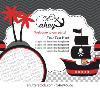 pirate party invitation card design with place for photo. vector illustration