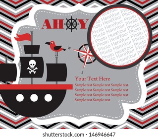 pirate party invitation card with place for photo. vector illustration