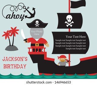 pirate party invitation card with place for photo. vector illustration