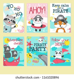 Pirate party invitation card template set. Vector illustration of cute animals panda, raccoon, fox in pirate hats, ship with pirate flags, jellyfish with eye patch, handwritten quotations.