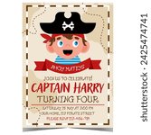 Pirate party invitation with the cartoon captain in a hat inviting boys and girls to a sea adventure. Vector illustration of banner or poster for children