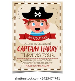 Pirate party invitation with the cartoon captain in a hat inviting boys and girls to a sea adventure. Vector illustration of banner or poster for children's birthday celebration in cheerful ambiance.