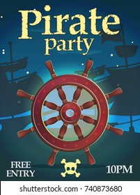 Pirate party invitation celebration card template. Pirate ship boat navigation control wheel in front of nautical vessels at night.