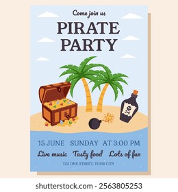 Pirate party invitation. Party invitation with pirate elements. Greeting card, postcard, poster.
