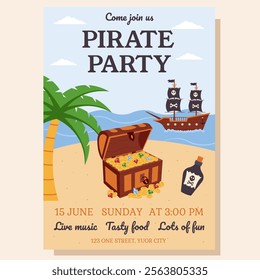 Pirate party invitation. Party invitation with pirate elements. Greeting card, postcard, poster.