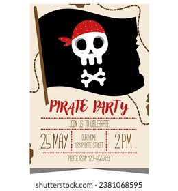 Piratenparty mit Piratenflagge mit Kreuzknochen und Schädel zum Geburtstag eines Jungen. Kinder Geburtstagsplakat oder Bannerdesign mit Pirat-Elementen auf Pergament mit einer Navigationskarte.