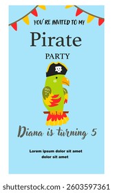 Pirate party invitation with parrot and banners for child's birthday celebration.