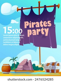 Invitación a una fiesta pirata. Afiche con velas negras de fragata o barco pirata, cofre del tesoro en la misteriosa isla tropical. Aventuras divertidas para los niños y evento de celebración. Ilustración vectorial de dibujos animados