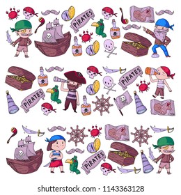 Pirate party for little children. Kindergarten background. Sea and ocean adventures. Ship and pirates, treasure island.