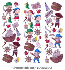 Pirate party for little children. Kindergarten background. Sea and ocean adventures. Ship and pirates, treasure island.