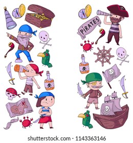 Pirate party for little children. Kindergarten background. Sea and ocean adventures. Ship and pirates, treasure island.