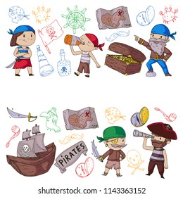 Pirate party for little children. Kindergarten background. Sea and ocean adventures. Ship and pirates, treasure island.