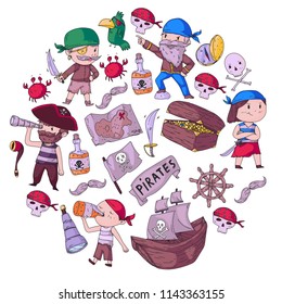 Pirate party for little children. Kindergarten background. Sea and ocean adventures. Ship and pirates, treasure island.