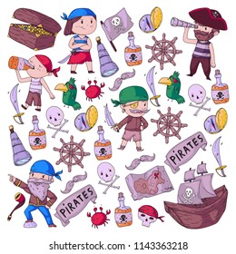 Pirate party for little children. Kindergarten background. Sea and ocean adventures. Ship and pirates, treasure island.