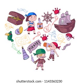 Pirate party for little children. Kindergarten background. Sea and ocean adventures. Ship and pirates, treasure island.