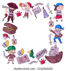 Pirate party for little children. Kindergarten background. Sea and ocean adventures. Ship and pirates, treasure island.