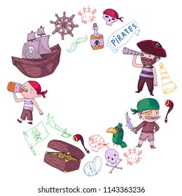 Pirate party for little children. Kindergarten background. Sea and ocean adventures. Ship and pirates, treasure island.