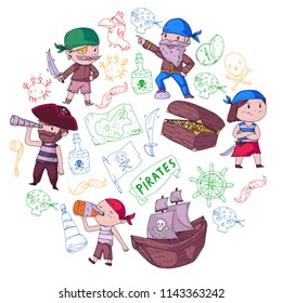 Pirate party for little children. Kindergarten background. Sea and ocean adventures. Ship and pirates, treasure island.