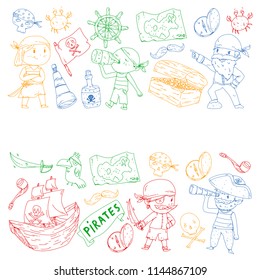 Pirate party for little children. Kindergarten background. Sea and ocean adventures. Ship and pirates, treasure islands.