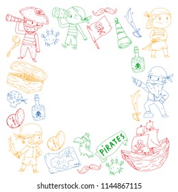 Pirate party for little children. Kindergarten background. Sea and ocean adventures. Ship and pirates, treasure islands.