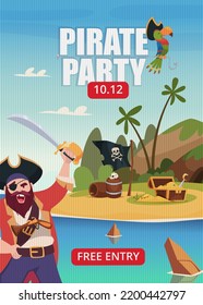 Pirate party. Performance event for kids with funny pirate costumes swanky vector flyer templates